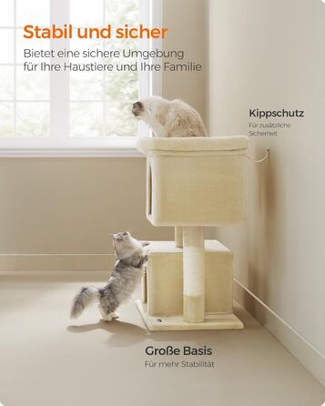Feandrea Cat Tree, 84 cm Cat Tree, L, Cat House for Large Cats up to 7 kg, Large Platform, 2 Cat Caves, Sisal Posts, PCT61W (XL (68 x 48 x 101 cm), Beige)