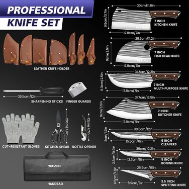 Набір ножів кухонних MDHAND 14 предметів з чохлом, сталь High Carbon, для кухні, кемпінгу, BBQ (смугастий)