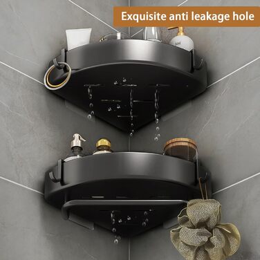 Поличка для душу з 2 рівнями, кутова, без свердління, з нержавіючої сталі, з тримачем для рушників та 2 гачками, чорна, для ванної, кухні, туалету