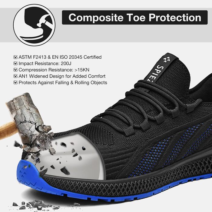 Робочі черевики SPIEZ для чоловіків та жінок, легкі, slip-on, з дихаючою сіткою, захист пальців Composite, неслизькі для складу, промисловості та повсякденного використання, чорно-сині, розміри EU35-46 (41 EU)