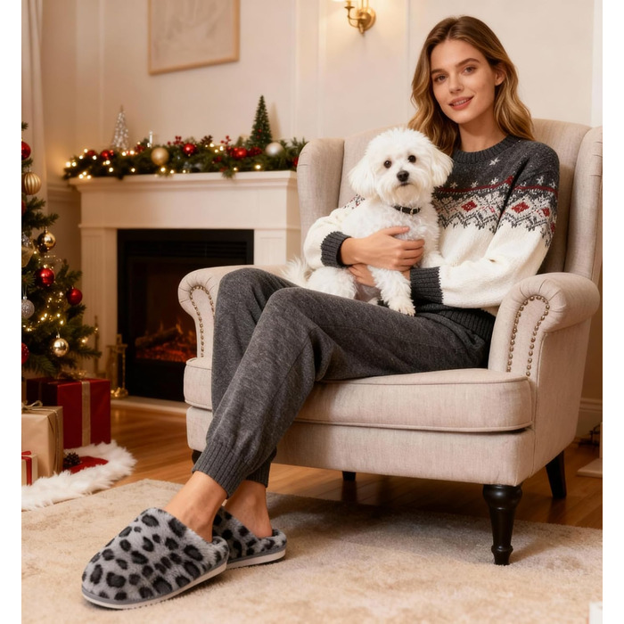 Тапочки зимові для жінок та чоловіків, теплі, з плюшем, з пам'яттю форми, антиковзкі, унисекс, розмір 40.5/42 EU, сірий леопард