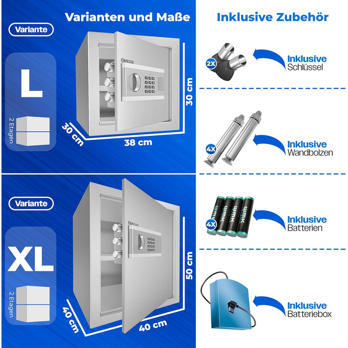 Електронний сейф KESSER® 35x25x25 см, з батарейним відсіком, подвійним замком, для підлоги/стіни, сталевий, з кодовим замком (Срібний, M)