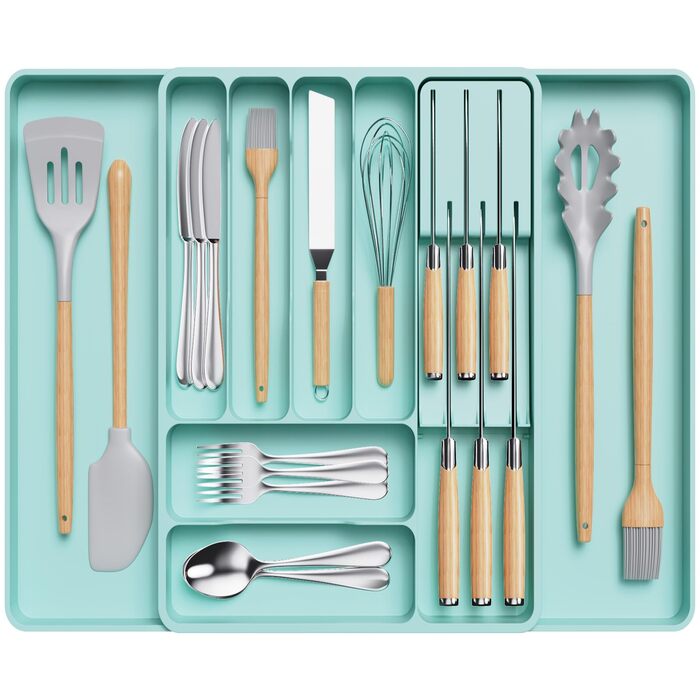 Органайзер для столових приборів Lifewit в шухляду, розширюваний, з відділенням для ножів (40 см, бірюзовий)