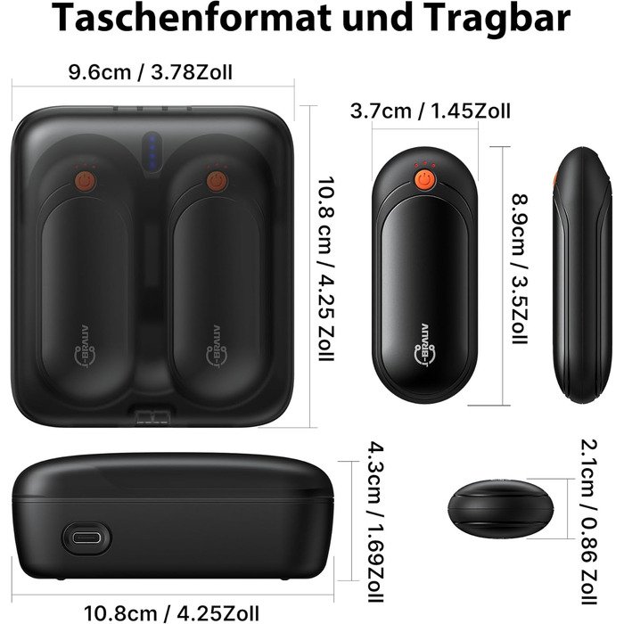 Електричні грілки для рук 2 шт. з акумулятором 2000mAh, повербанк 10000mAh, 5 температурних режимів, USB, до 24 годин, для дітей, чоловіків, жінок (чорний, компактний)