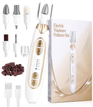 Набір для манікюру та педикюру з електричною насадкою для шліфування нігтів, 6 насадок, 20 шліфувальних кілець, 5 швидкостей, LED-підсвічуванням, білий