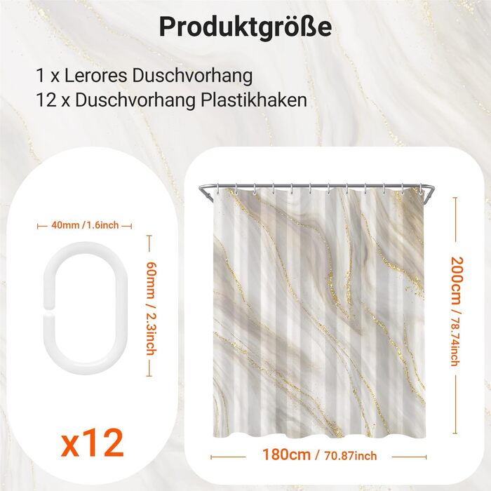 Штора для ванної кімнати 180x200 см з антигрибковим покриттям, водовідштовхувальна, поліестер, з кільцями (Phnom Penh Сірий мармур)