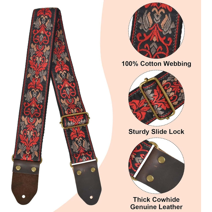 Гітарний ремінь з бавовни для акустичної гітари, 2 шт. Вишитий гітарний ремінь для бас-, електро- та акустичних гітар, безкоштовна пряжка, замок для ременя та медіатор, ретро-червона квітка