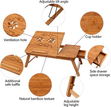 Столик для ноутбука Bathwa з бамбука, регульований, складаний, з ящиком (55 x 35 x 29 см)