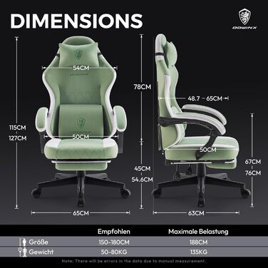Ігровий крісло Dowinx з тканини, масажною підтримкою попереку та підніжкою, ергономічний офісний крісло для дорослих, великий і високий, 135 кг (зелено-білий)