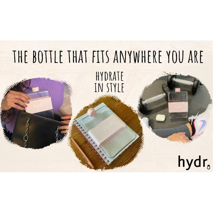 hydr | 425 ml flat water bottle for wallet and flexible cleaning brush | BPA-free square water bottle | leak-proof, slim water bottles for travel, small water bottle