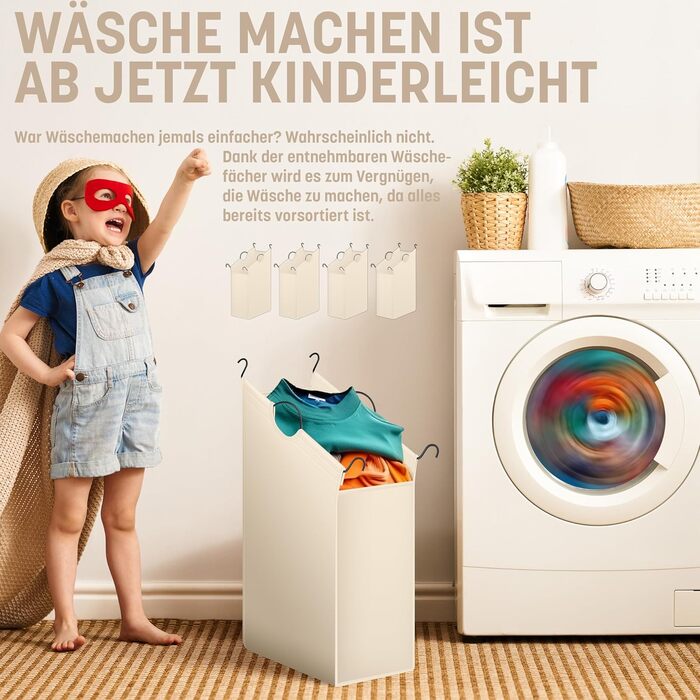 KESSER® Laundry Basket, Laundry Collector, Laundry Sorter with 4 Removable Fabric Bags | 4 Compartments x 35 Liters | Laundry Box with 12 Laundry Instructions, 360° Swivel Wheels with Brake, Laundry Sorting System, Laundry Cart, Beige