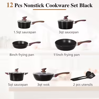 DishDelight Induction Cookware Set - 12-Piece Cookware Set with Granite Coating and Glass Lids, Induction Compatible, Non-Stick Aluminum Pots and Pans in Black