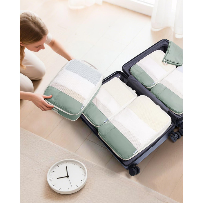 Набір органайзерів для валізи Narwey (6 шт.) - кубики для пакування з компресією, бежевий. Організація подорожей та зручне пакування речей.