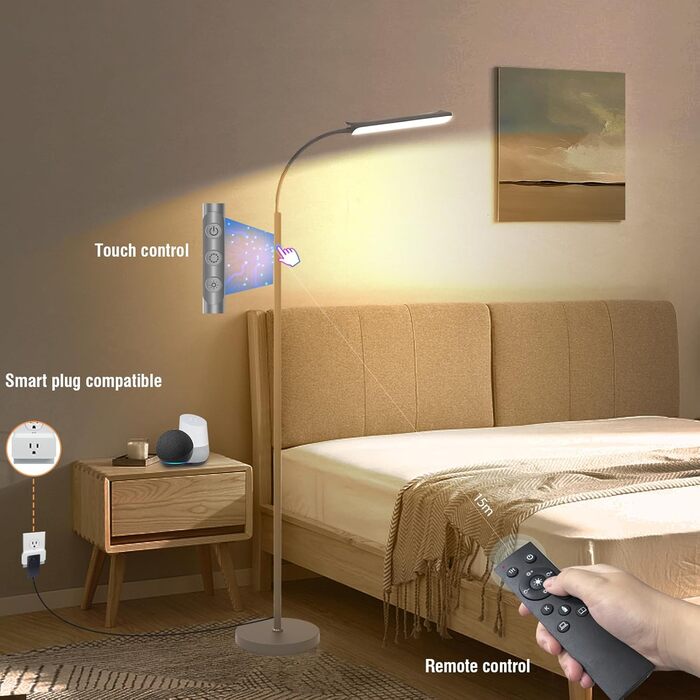 LED-стійка лампа Marctronic для вітальні з регулюванням яскравості, 18W, 1800LM, з пультом та сенсорним керуванням, швидка установка, для офісу, спальні (сіра)