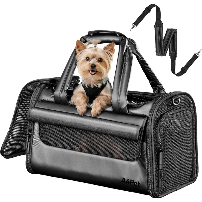 Транспортна переноска для собак та котів, чорна, M - складана переноска для подорожей літаком, авто та потягом