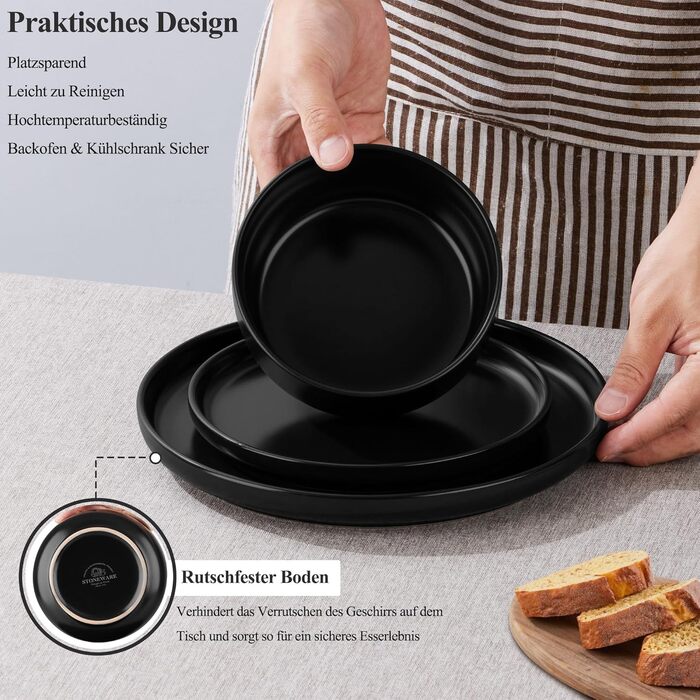 Набір посуду Joyfair на 6 осіб, 18 предметів: тарілки, миски, десертні тарілки, чорний колір, кераміка, для посудомийної машини та мікрохвильової печі