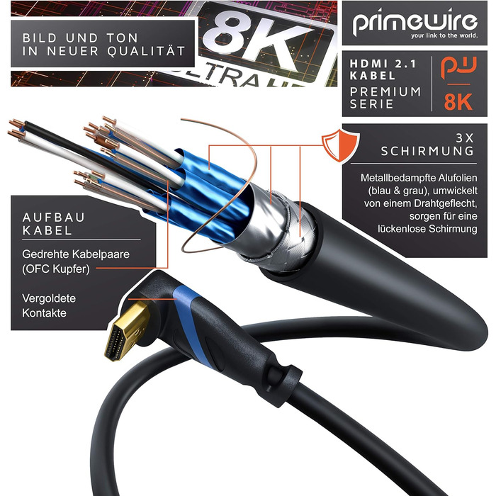 HDMI кабель 8K 2.1 з кутовим конектором 90° - 3 метри. Підтримка 8K@60Hz, DSC, UHD II, Dynamic HDR, eARC, VRR, Dolby Vision