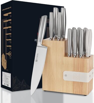 13-Piece Premium Stainless Steel Knife Block Set with Magnetic Storage - Ergonomic Handles, Kitchen Chef's Knife Set, Acacia Wood Block with Leather Strap