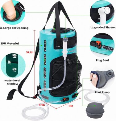WILD HEAT Camping Shower 12L Portable Shower for Camping with Foot Pump and Shower Bag Backpack for Camping (22L, Turquoise)