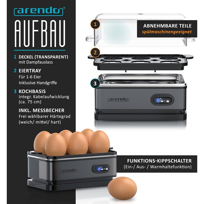 Arendo - Stainless Steel Egg Cooker with Keep-Warm Function - Tilt Switch with Indicator Light - Freely Selectable Hardness Level - Brushed Stainless Steel - BPA-Free - in Cool Grey B: Cool Grey
