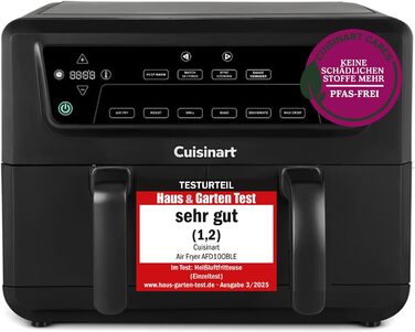 Фритюрниця Cuisinart XXL 10.4L з двома зонами, без PFAS та хімікатів, для смаження, гриля, випікання, дегідратації та підтримання тепла, 2 камери (2 x 5.2L), 8+ порцій, знімні деталі придатні для миття в посудомийній машині, чорний колір