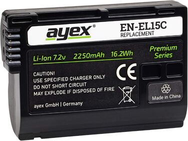 Зарядний пристрій Ayex USB для акумуляторів Nikon EN-EL15 (2250 mAh) з LCD-дисплеєм, сумісний з Nikon Z7 II, Z6 II, Z5, D850, D780, D750, D600