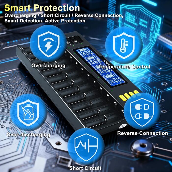 Зарядний пристрій для акумуляторів 18650 JIUWIIL з LCD-дисплеєм, універсальний, 12+2 слоти, для Li-Ion, LiFePO4, 26650, 17500, 16340, 18650, 14500, 10440 та 9V акумуляторів