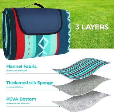 LIFERUN Outdoor Picnic Blanket, 300x300cm, with waterproof backing, Waterproof Picnic Blanket with Carrying Handle, for Camping, Picnic, Hiking, BBQ, Travel Camping Blanket, Green Striped