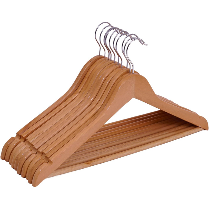 Multipack Wooden Clothes Hangers in Natural - 10 Pieces - Wooden Hangers with Trouser Bar and 360° Swivel - 10-Pack Wardrobe Hangers Trouser Hangers Wooden Hangers with Hook