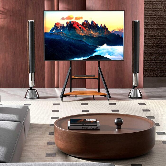 Стійка для телевізора Boden 65-100 дюймів з поличкою, чорна, VESA 800x600, на колесах