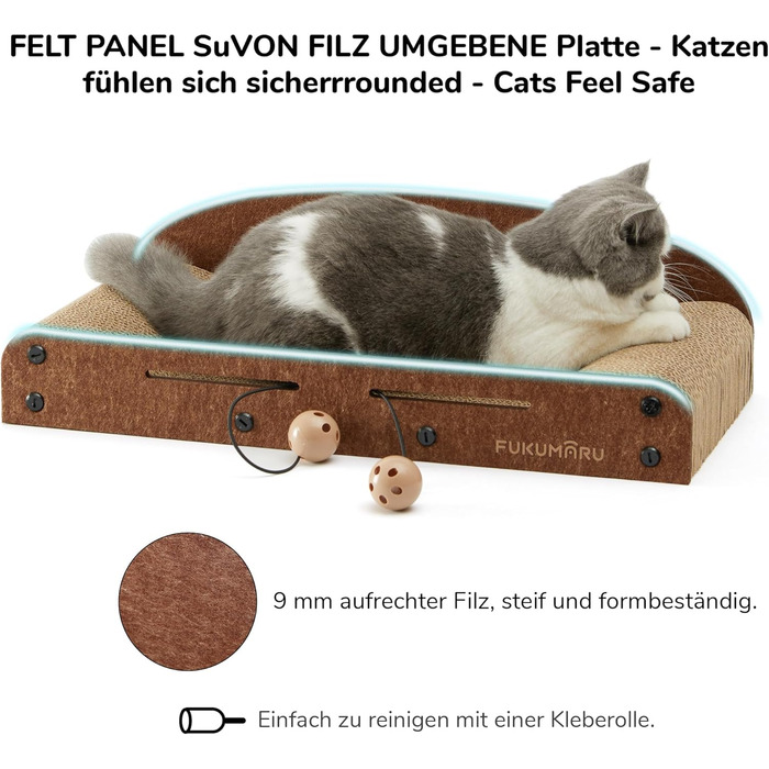 Cat Scratch Board, 66CM Durable Scratch Cardboard and Felt, Large Lounger, 2 Reversible Cat Scratch Pads for Cats, Recyclable Cardboard Cat Bed with Bell Ball Toy, Caramel Color (Medium Size)