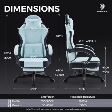 Ігровий крісло Dowinx з тканиною, пружинним сидінням та масажем попереку, з підніжкою для дорослих. Ергономічне, велике та високе крісло для офісу та ігор, до 135 кг, колір - аква