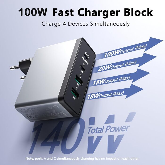 Зарядний пристрій USB-C 50W, 5 портів: 2 USB-C та 3 USB-A, PD 3.0, Fast Charge для iPhone, Samsung, телефонів, планшетів (Срібний)