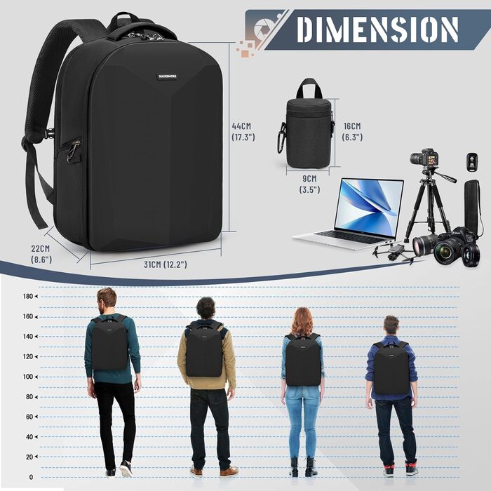 Рюкзак для фотокамери RAINSMORE: водонепроникний, з захистом від дощу, для DSLR/SLR, з відділенням для ноутбука, чорний