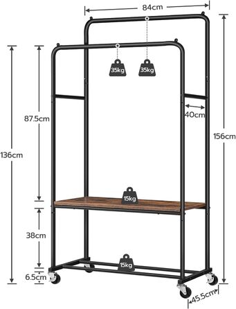HOOBRO Clothes Rack with Wheels, Heavy Duty Clothes Rod, Garment Rack with 2 Clothes Rods and Shelf, Up to 100 kg Load Capacity, for Bedroom, Hallway, Dark Brown-Black EBF22LY01