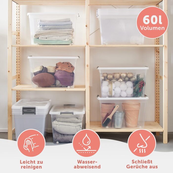 Blumtal Storage Box with Lid 32L made of Plastic - Storage Boxes 36.5x36x26.5 cm - Storage Boxes made of 100% New Material with Closure Clips - Storage Boxes with Lid (60 Liters, 4-Piece Set)
