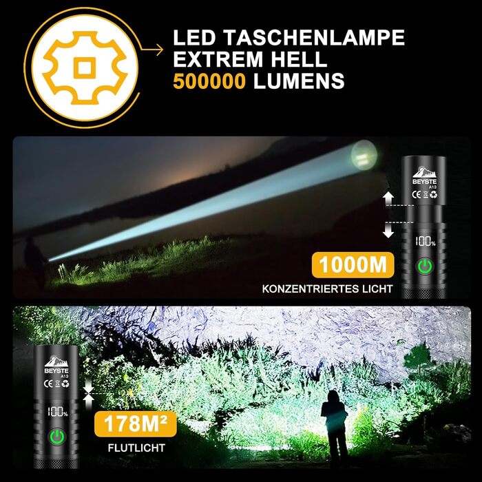 Ліхтарик BEYSTE LED акумуляторний, надяскравий 500000 люмен, тактичний ліхтарик USB, потужний із чохлом, дуже яскравий ліхтарик на батарейках для зовнішнього використання та екстрених ситуацій