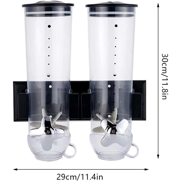 Futchoy Muesli Dispenser Double 3L Wall Mount Cereal Dispenser Corn Flakes Dispenser for Muesli, Corn Flakes, Cereals, Sweets, 29 x 15 x 30 cm (Black)