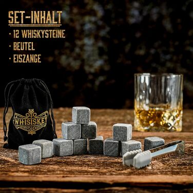 Набір для віскі WHISISKEY: 12 каменів та щипці - подарунок для чоловіка