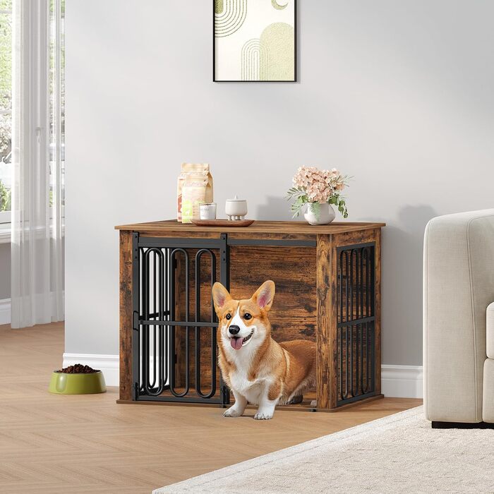 Дерев'яний вольєр для собак, 81 см, вольєр-стілець для дому, 2 двері, розсувні, для маленьких та середніх собак, міцний, 81 × 55 × 62,4 см, білий (коричневий)