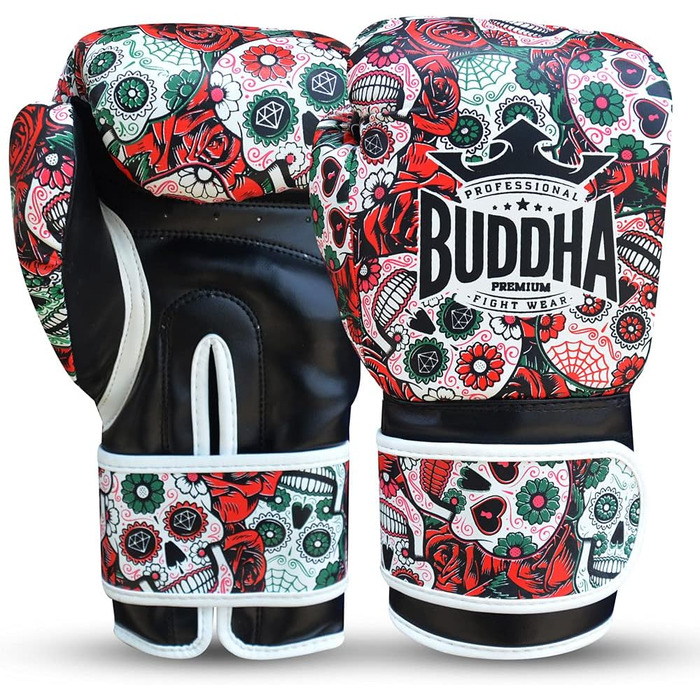BUDDHA FIGHT WEAR Luzbel Boxing Gloves - Muay Thai & Kickboxing - Red 12oz Leather Interior - Reinforced Stitching - Multiple Designs