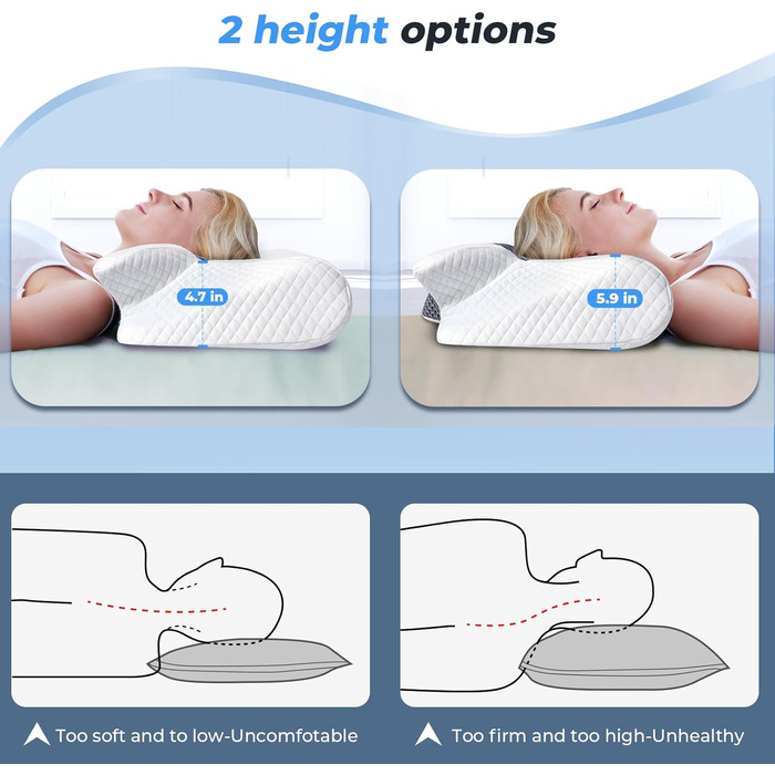 Подушка для шиї Saheyer з Memory Foam, 2-в-1: підтримка шиї, подушка для голови, для сну на боці, на животі та на спині, знімний та дихаючий чохол, 59 * 43 * 12/15 см, сіро-білий