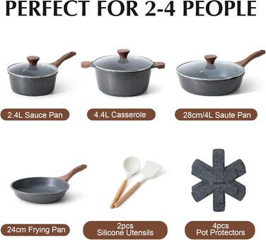 Набір посуду SENSARTE з антипригарним покриттям 13 предметів, гранітний, з кришками та силіконовими інструментами, сірий