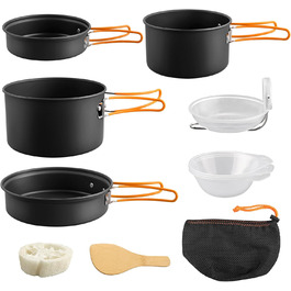 Набір посуду для кемпінгу FunyKich 17 предметів: каструлі, сковорідки, чашки, столові прибори. Підходить для 2 осіб, пікніків та походів.