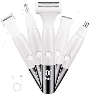 Електричний жіночий гірчак для інтимної зони 5-в-1 - для тіла, бікіні, брів та носа, IPX7, вологостійкий, білий