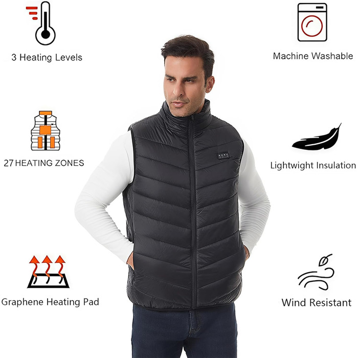 Обогревна жилетка Monave для чоловіків та жінок. Жилетка з підігрівом, 3 режими, для мотоцикла, кемпінгу, катання на лижах, повсякденного носіння та роботи на відкритому повітрі. Чорний колір. (Powerbank не входить до комплекту)