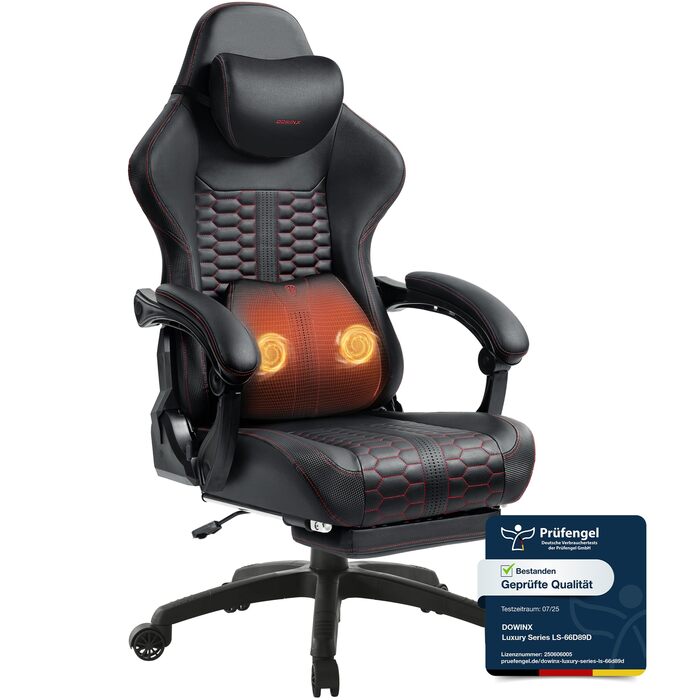 Ігровий крісло Dowinx Big and Tall з масажем попереку, підставка для ніг, ергономічний комп'ютерний стілець, PU шкіра, 180 кг, чорний