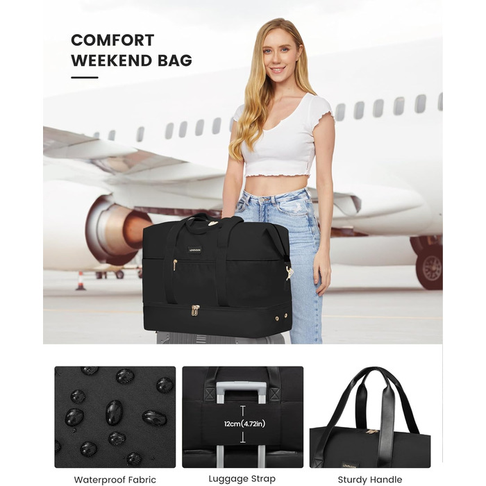 Спортивна сумка LOVEVOOK для подорожей: велика дорожня сумка-мішок 60L з відділенням для взуття (45x36x20cm, чорний)