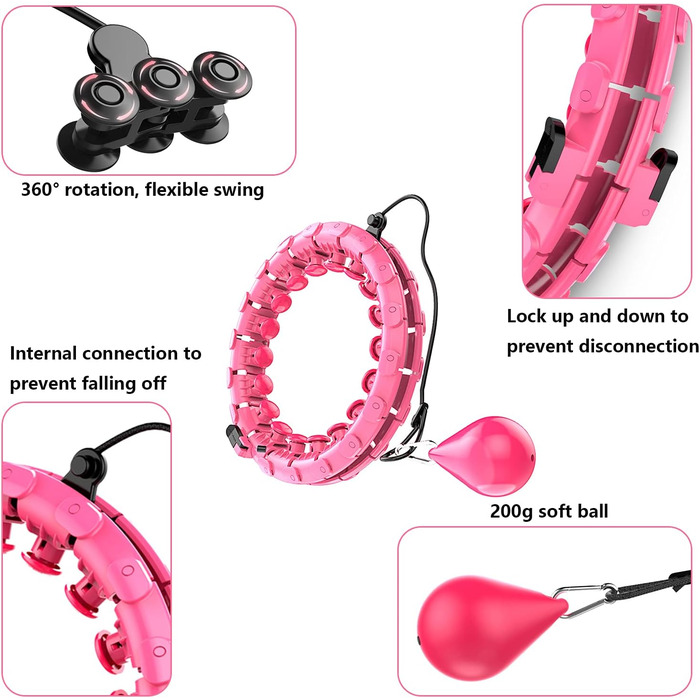 LEAFIA Smart Fitness Hula Hoop, Weight Loss, with Massage Nodes and 24 Detachable Adjustable Wide-Moving Hoop Sections, for Kids Adults Beginners Weight Loss Segment Training, PINK