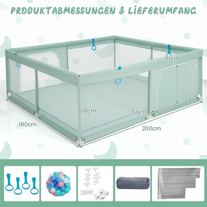 DREAMADE Playpen Baby, 200 X 180cm Playard with 50 Balls & 4 Grips & Carry Bag, Foldable Baby Barrier with Breathable Mesh, for Baby & Toddlers 0-36 Months (Dark Grey)